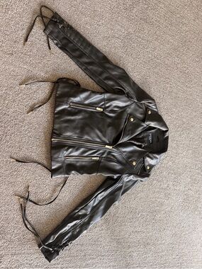 GUESS Black Faux Leather Moto Jacket with Gold Hardware
